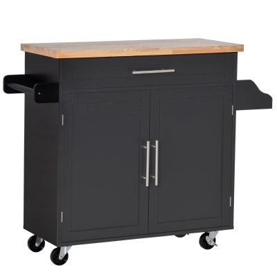 HOMCOM Carrello da Cucina con Cassetto, Portaspezie e Armadietto, 4 Ruote e Piano di Lavoro in Legno, 109x40x89cm - Nero