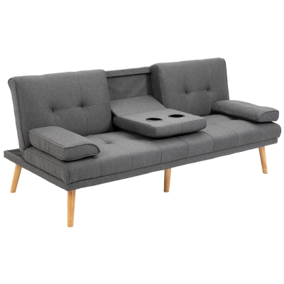 Homcom Canapé convertible 3 places design scandinave inclinaison dossier réglable 3 niveaux dossier centrale rabattable 2 porte-verres bois massif lin gris foncé