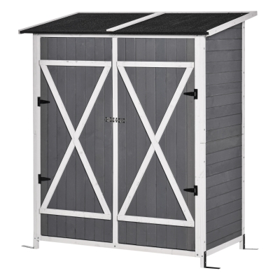 Outsunny Casetta da Giardino Porta Utensili in legno, Doppia Porta con Blocco e Tavolo Rimovibile, 139x75x160cm, Grigio