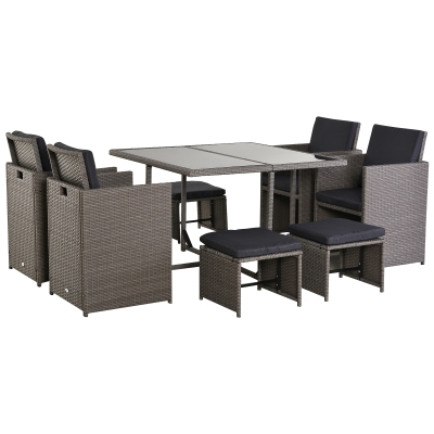 Outsunny Set Mobili da Giardino Esterno 9 pezzi Tavolo con 4 Sedie 4 Poggiapiedi in Rattan, Grigio