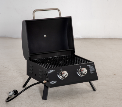 Outsunny Tischgrill Gasgrill BBQ mit 2 Brennern mobiler Grillwagen Grillnetz klein Outdoor Tischgasgrill Picknick mit Druckminderer Schlauch Edelstahl Schwarz 55 x 46,5 x 41 cm