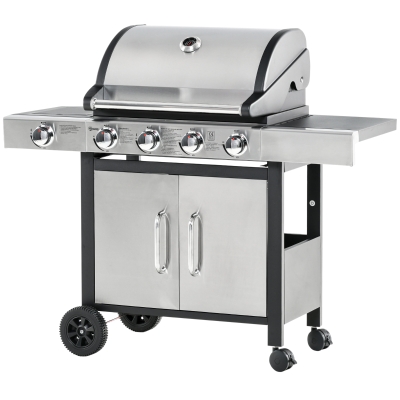 Outsunny Barbecue Gas con Coperchio e 5 Bruciatori Totali da 15.2kW, Termometro, Mensola e 4 Ruote, 128x50x113cm Nero e Acciaio