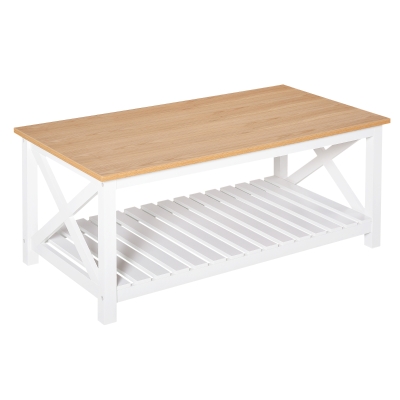 Table basse rectangulaire étagère à lattes plateau imitation chêne clair MDF blanc