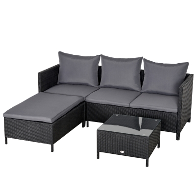 Outsunny Conjunto de Muebles de Jardín 4 Piezas Ratán Doble Sofá Mesa de Café Taburete con Cojines Acolchados para Exteriores Marco de Metal Negro