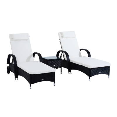 Outsunny Set 2 Sdraio Lettino Prendisole in Rattan con Materassino Imbottito e Tavolino, Nero