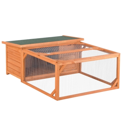 PawHut Conigliera da Esterno e Interno in Legno con Casetta e Area Aperta Recintata, 125.5x100x49cm, Arancione