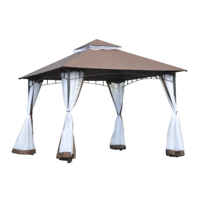 Outsunny Gazebo da Giardino 3x3m con Zanzariera, Tetto a 2 Livelli in Poliestere Struttura in Metallo Marrone