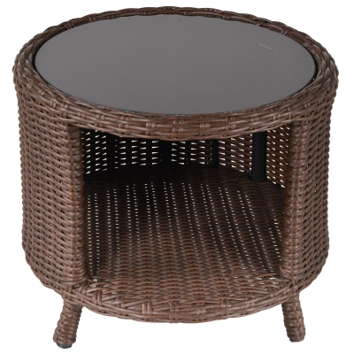 Outsunny Tavolino da Giardino Rotondo con Vano Portaoggetti in Rattan PE e Ripiano in Vetro, 51x51x42cm Marrone