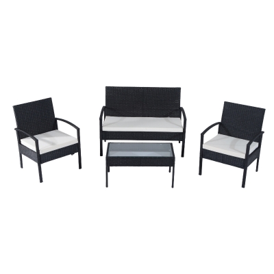 Outsunny Salotto da Giardino in PE Rattan con Tavolino, 2 Poltrone e Divano con Cuscini, Nero
