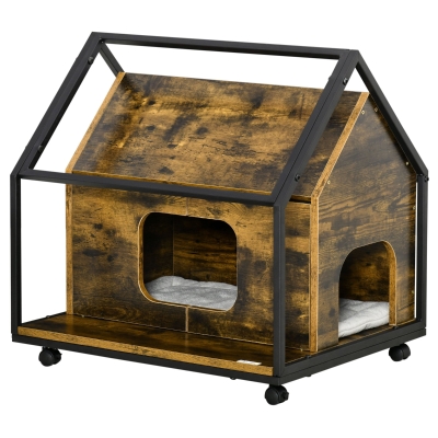 PawHut Maison pour chat niche pour chat sur roulettes avec double porte cadre en acier coussin lavable panneaux de particule 60 x 50 x 60,5 cm brun rustique