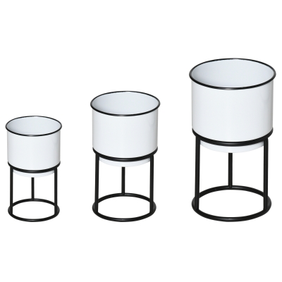 Lot de 3 supports de pots de fleurs design métal noir et blanc
