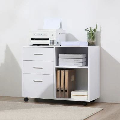 HOMCOM Armário de Escritório para Impressora Multifuncional com 3 Gavetas Prateleira Ajustável e Rodas 80x40x65cm Branco