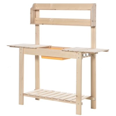 Outsunny Banco da Lavoro per Giardinaggio in Legno Naturale con Vaschetta Integrata, Mensole e Ganci 100x40x140cm