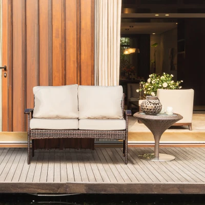 Outsunny Divano da esterno 120cm x 63cm x 77cm Rattan marrone, Tessuto cachi