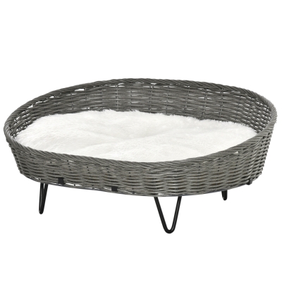 Canapé chien chat style cosy chic résine tressée grise coussin fourrure blanc