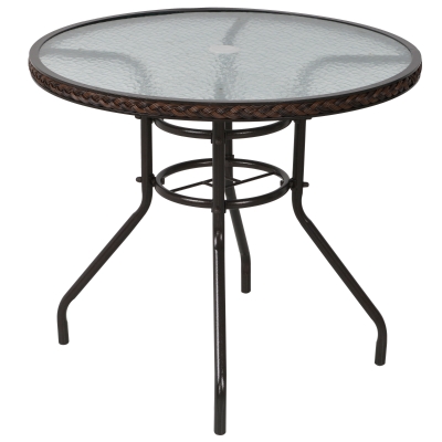 Outsunny Tavolo da Giardino in Rattan, Tavolino Rotondo da Esterno in Vetro Temperato con Foro per Ombrellone, Marrone, Φ80x71cm