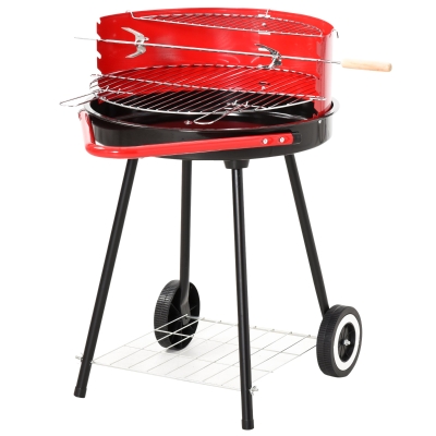 Outsunny Barbecue Grill a Carbone Altezza regolabile con Ruote, Nero e Rosso 67 x 51 x 82 cm