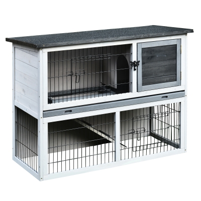 PawHut Clapier à lapin cage à lapin 2 étages clapier lapin nain avec 3 portes verrouillables plateau coulissant rampe et toit ouvrant bois de sapin gris blanc