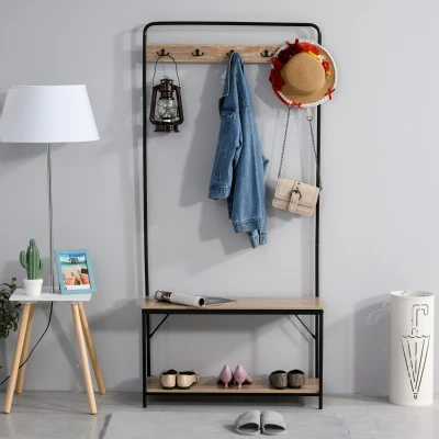 HOMCOM Set appendiabiti con panca 80.5cm x 30cm x 170cm Rovere, Nero