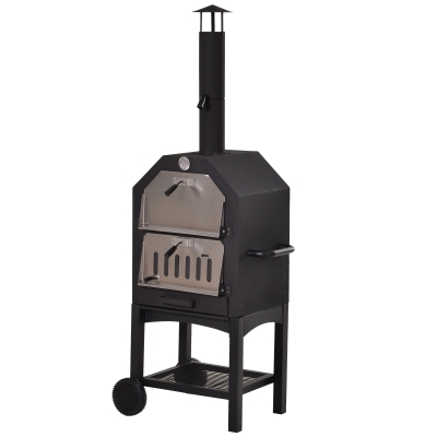 Outsunny Forno per Pizza Barbecue a Carbonella, BBQ da Esterni/Giardino in Acciaio Inox con Termometro, 50x36x160cm