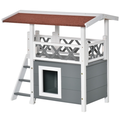 PawHut Casetta per gatti da Esterno in Legno con Terrazza e Scaletta, 77x50x73cm, grigio