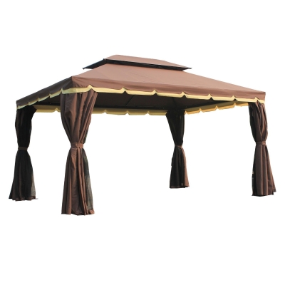 Outsunny Gazebo da Giardino 3.9x2.9m in Alluminio con Tetto Doppio, Zanzariera e Teli Laterali, Colore Caffè