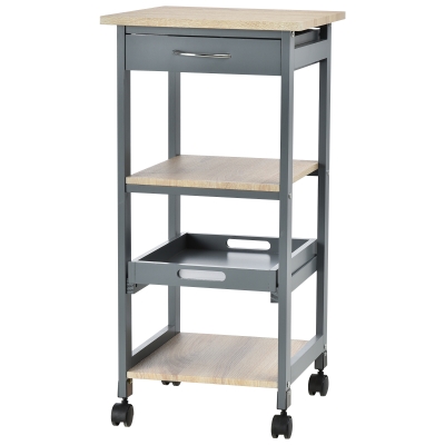 Desserte de cuisine 2 étagères + plateau amovible + tiroirpin MDF gris chêne clair