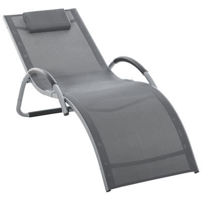 Outsunny Lettino Prendisole in Alluminio, Sedia Sdraio da Giardino in Textilene grigio con Poggiatesta Rimovibile