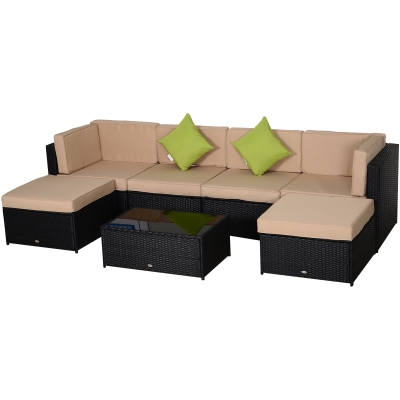 Outsunny Salotto da Giardino in PE Rattan 7 Pezzi con Divano Pouf Tavolino Nero con Cuscini Cachi e Verde