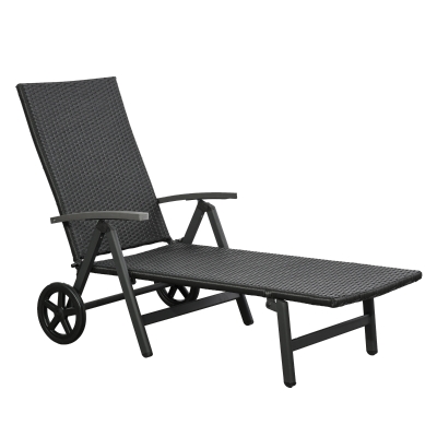 Outsunny Lettino Sdraio Prendisole in PE Rattan e Alluminio con Ruote Nero