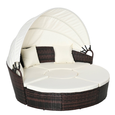 Outsunny Isla de Ratán Modular para Exterior 5 Piezas Tumbona Redonda con Toldo Plegable Cojines Extraíbles Lavables y 3 Almohadas Marco de Metal 175x180x147 cm Marrón y Beige