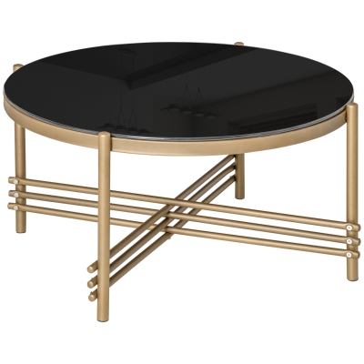 Table basse ronde style art déco métal doré verre trempé noir