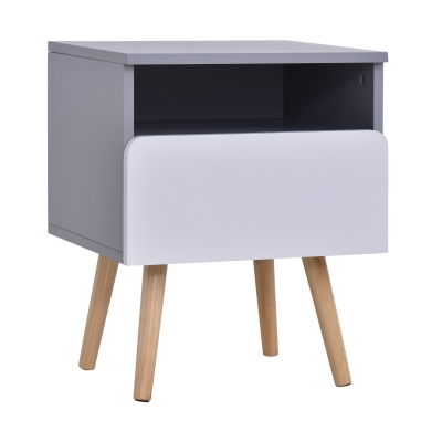 Homcom Comodino in Legno MDF Grigio e Bianco con 1 Cassetto e Gambe in Legno di Pino 40x34.3x50cm