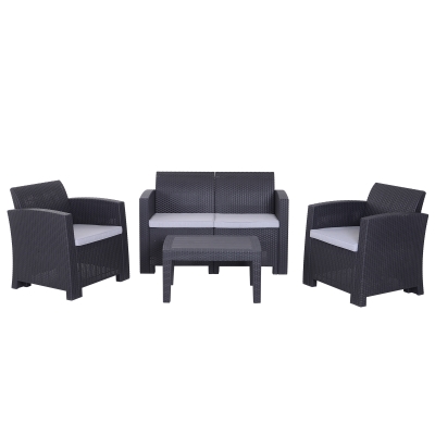 Outsunny Salon de jardin 4 pers. 4 pièces style contemporain coussins grand confort inclus polyester gris clair résine tressée noir