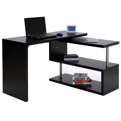 HomCom Scrivania angolo per Computer con Scaffali in Legno, Nero, 120x106x75cm