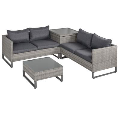 Outsunny Set Mobili da Giardino in Rattan PE con 2 Divani Angolari, Contenitore e Tavolino con Cuscini Grigio