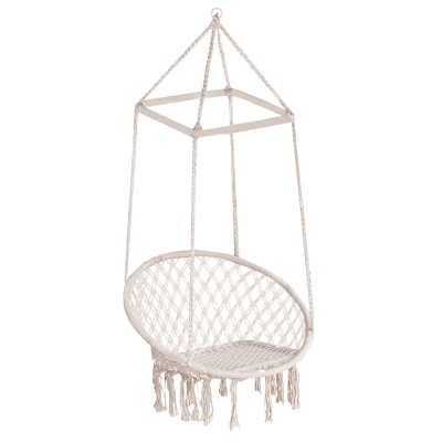 Outsunny Amaca Sedia Sospesa ad Altalena in Legno e Corda di Cotone, Beige, 80 x 140 cm