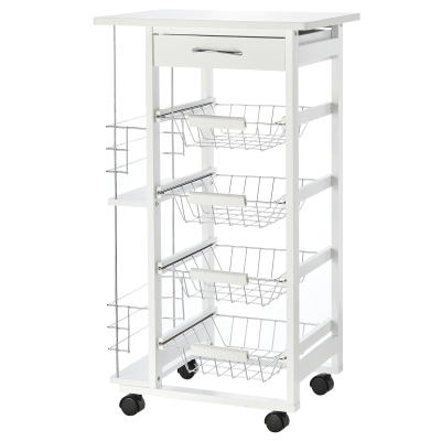 HOMCOM Carrello da Cucina in Legno Bianco con 1 Cassetto e 4 Cestelli Metallici