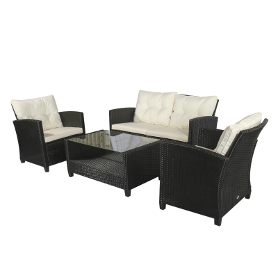 Outsunny Set Mobili da Giardino 4 Pezzi in Rattan PE Tavolino, Divano e Poltrone Nero con Cuscini Beige