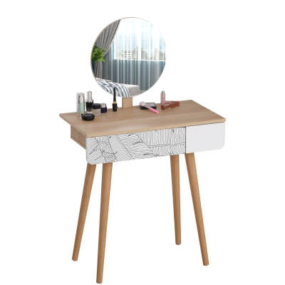 Homcom Tavolo da Trucco con Specchio Tondo e Cassetto con Decorazione Jungle Bianco e Rovere