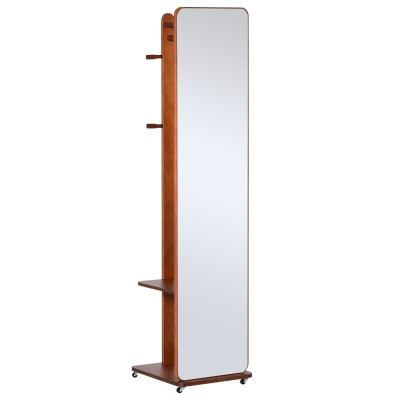 HOMCOM Specchio da Terra con Appendiabiti, Mensole e Ruote, Sistema Antiribaltamento, MDF e Legno, 40x44.5x170cm, Noce