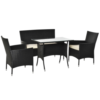 Outsunny Set Mobile da Giardino con Tavolo, 2 Poltrone e Divano 2 Posti, in Rattan PE con Cuscini, Nero e Bianco