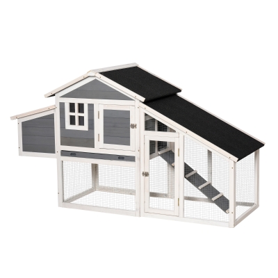 PawHut Pollaio in Legno da Esterno con Casetta per Galline e Area Aperta Recintata 176.5x65.5x100cm, Grigio