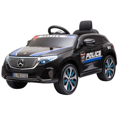 HOMCOM Coche Eléctrico de Policía para Niños Mercedes EQC Batería 12V +3 Años con Mando a Distancia Música Bocina y Faros Doble Apertura 106x68x53 cm Negro