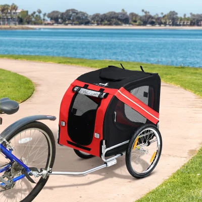 PawHut Remolque plegable para bicicleta de mascotas 8 reflectores bandera barra de remolque incluida acero poliéster impermeable máx. 30 Kg 130x73x90 cm rojo
