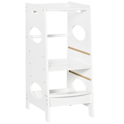 HOMCOM Torre de Aprendizaje de Madera para Niños Taburete de Cocina Infantil con Pedal Altura Ajustable en 3 Posiciones y Barra de Seguridad 40x50x90 cm Blanco
