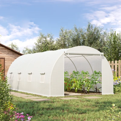 Outsunny Estufa Tipo Túnel 600x300x200cm com 8 Janelas e Cobertura de Polietileno para Cultivo de Plantas Estrutura de Aço 24mm para Jardim Branco