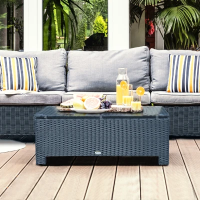 Outsunny Mesa de Centro de Jardín con Encimera de Cristal Templado de Ratán Sintético 85x50x39 cm Gris