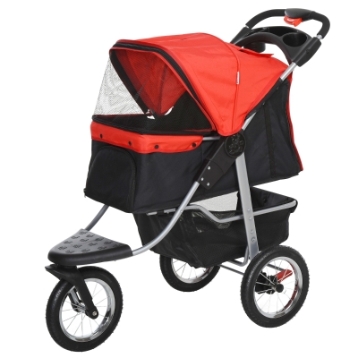 PawHut Luxury Folding Pet Stroller Dog/Cat Travel Carriage with Wheels Adjustable Canopy Zippered Mesh Window Door Red and Black