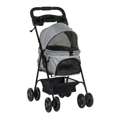 PawHut Pet Stroller Pushchair No-Zip Foldable Travel Carriage with Brake Basket Adjustable Canopy